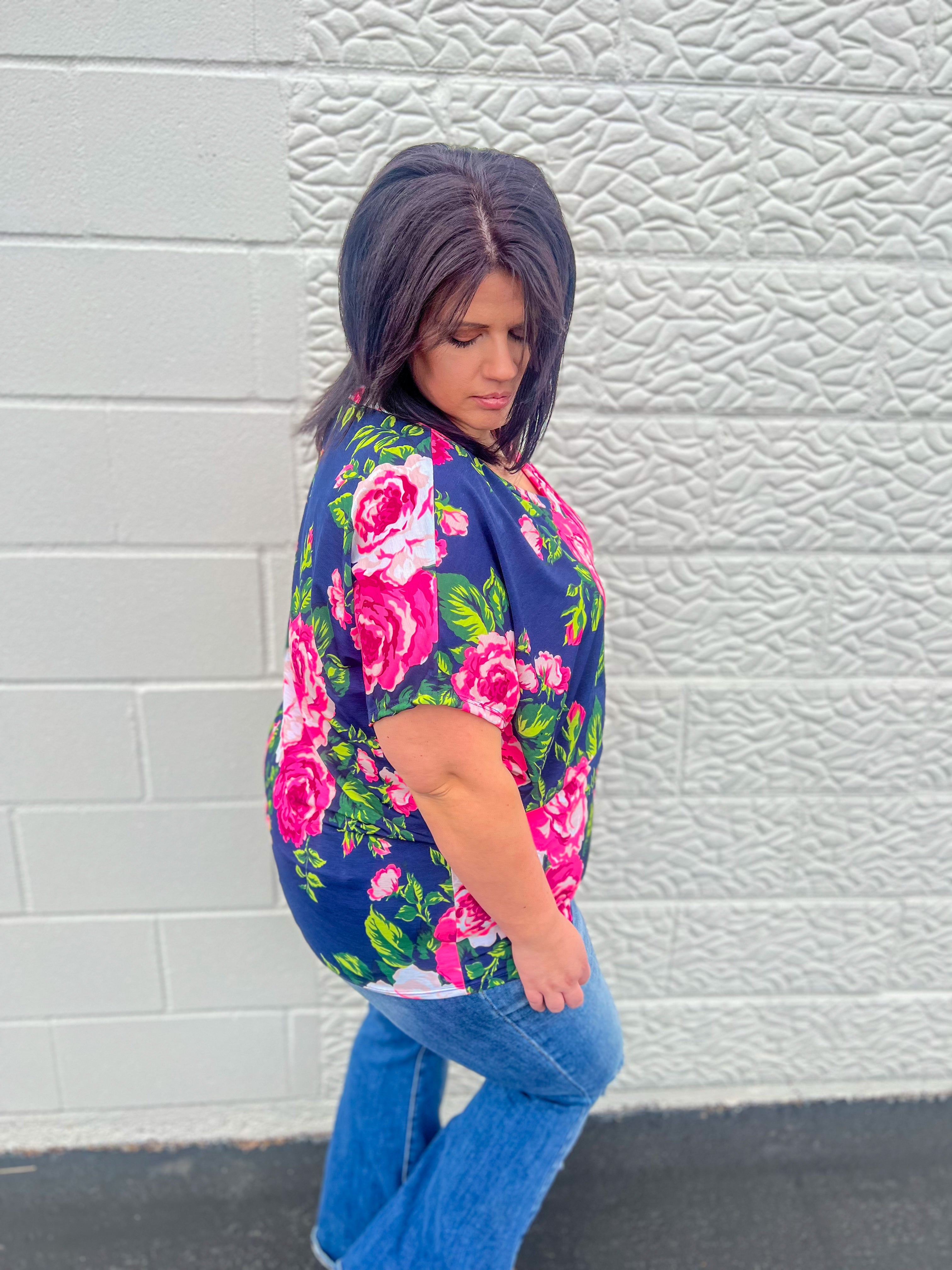 Navy Floral Dolman Sleeve Top
