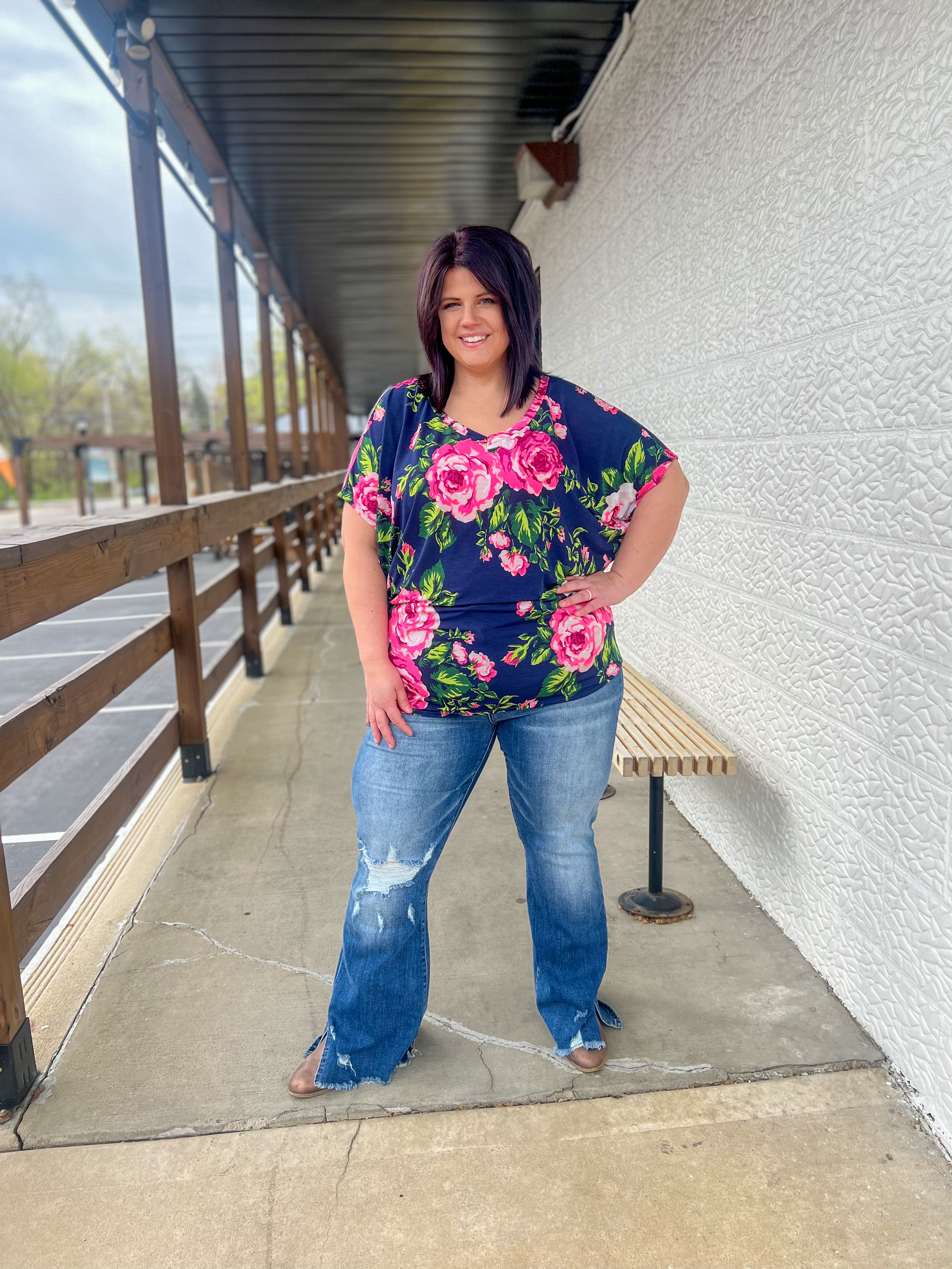 Navy Floral Dolman Sleeve Top