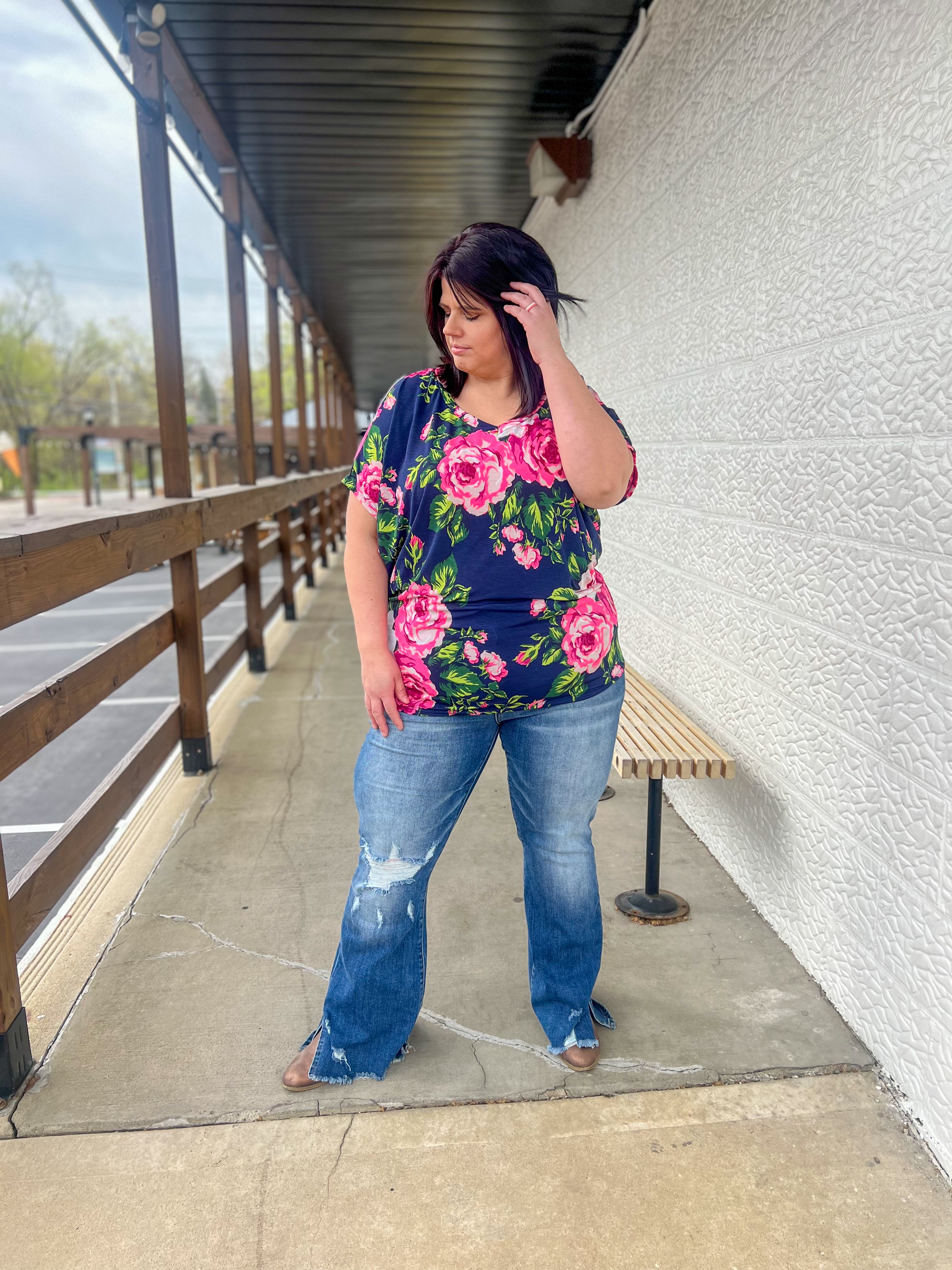 Navy Floral Dolman Sleeve Top