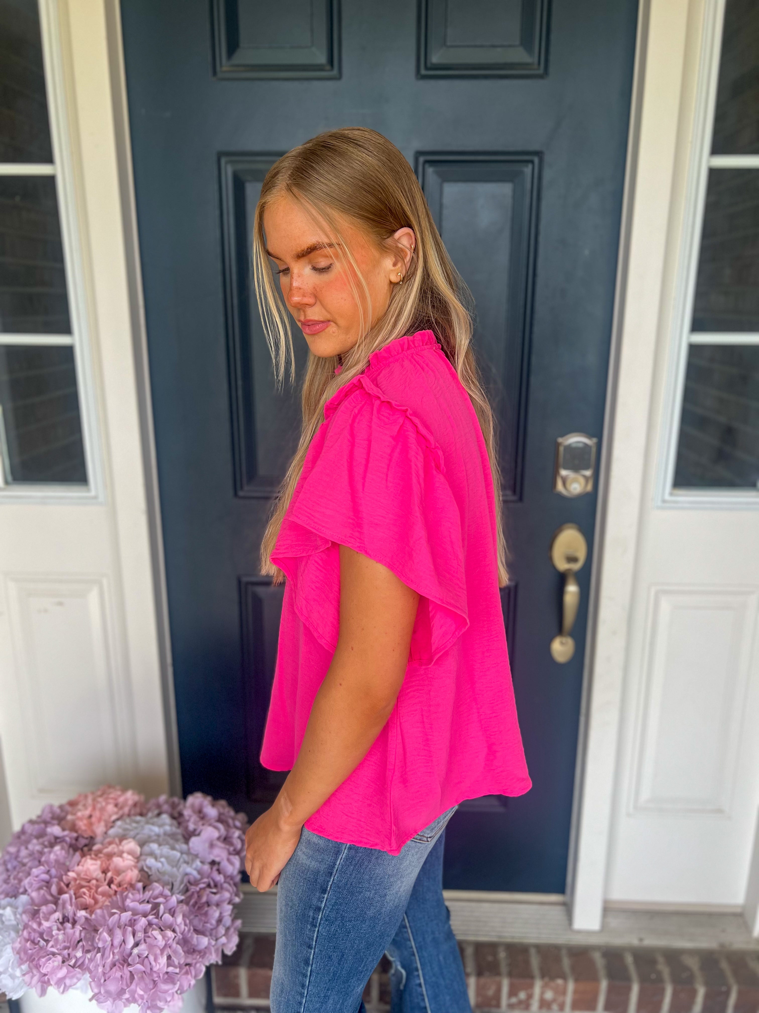Serena Flutter Sleeve Blouse - Hot Pink
