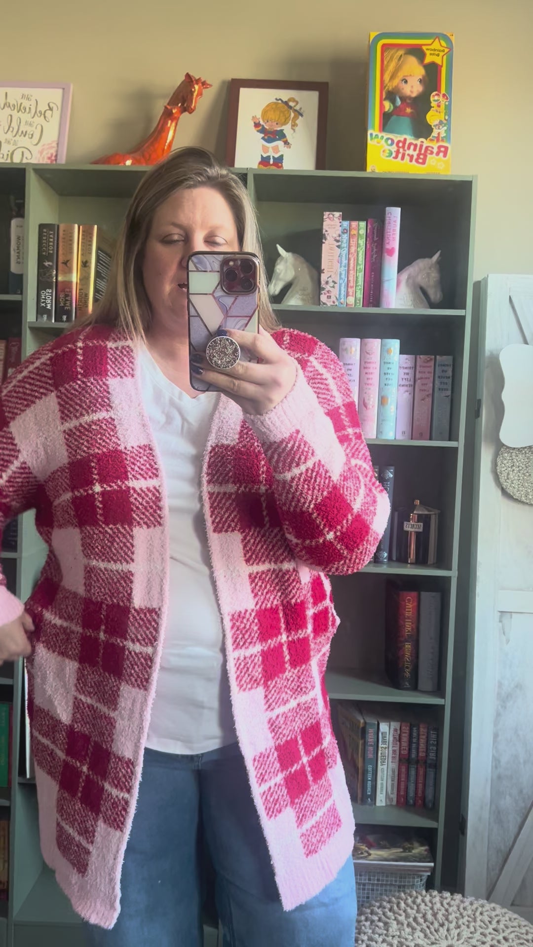 Load video: Pink and Red Plaid Cloud Cardigan