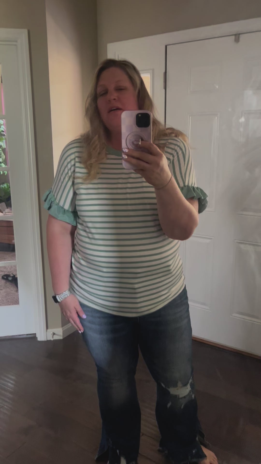 Load video: Aubrey Striped Ruffle Sleeve Top - Mint