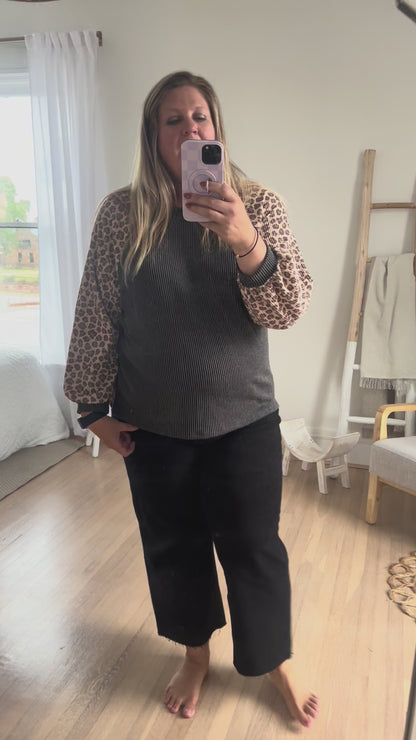Feeling Bold Charcoal with Leopard Sleeves Top
