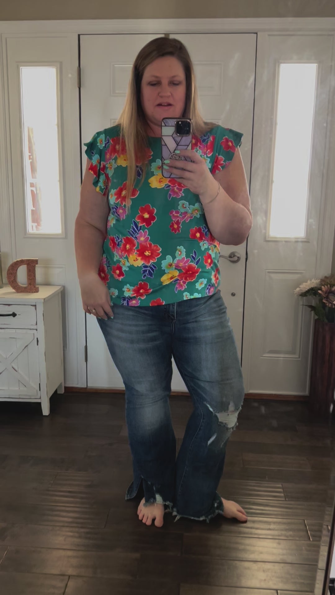 Load video: Teal Floral Ruffle Sleeve Top