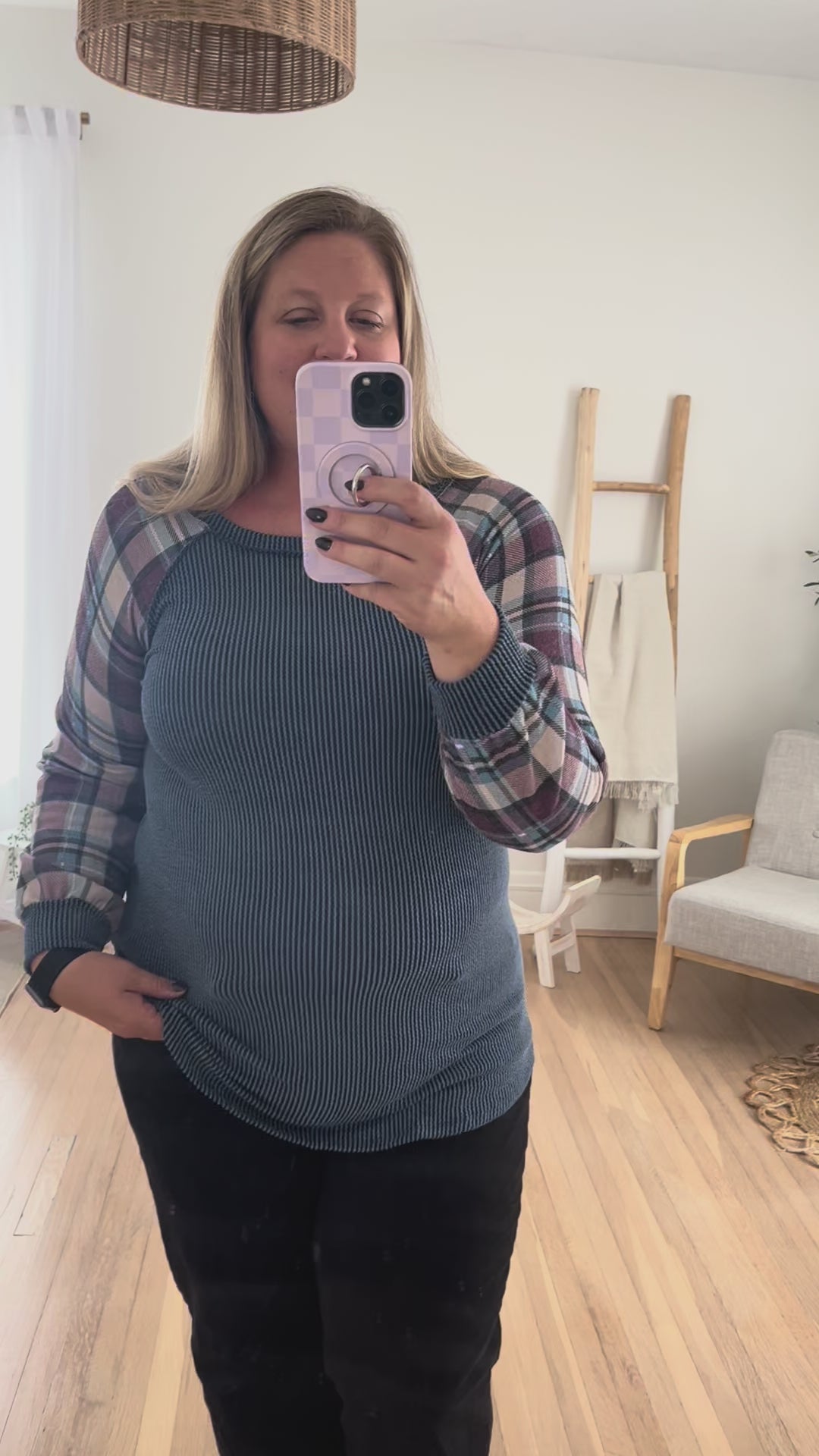 Maci Indigo Plaid Long Sleeve Top