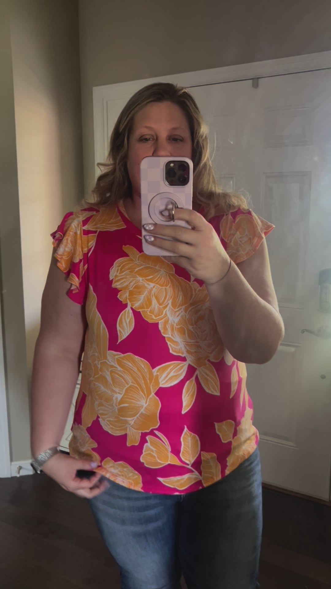Load video: Pink and Yellow Floral Ruffle Sleeve Top