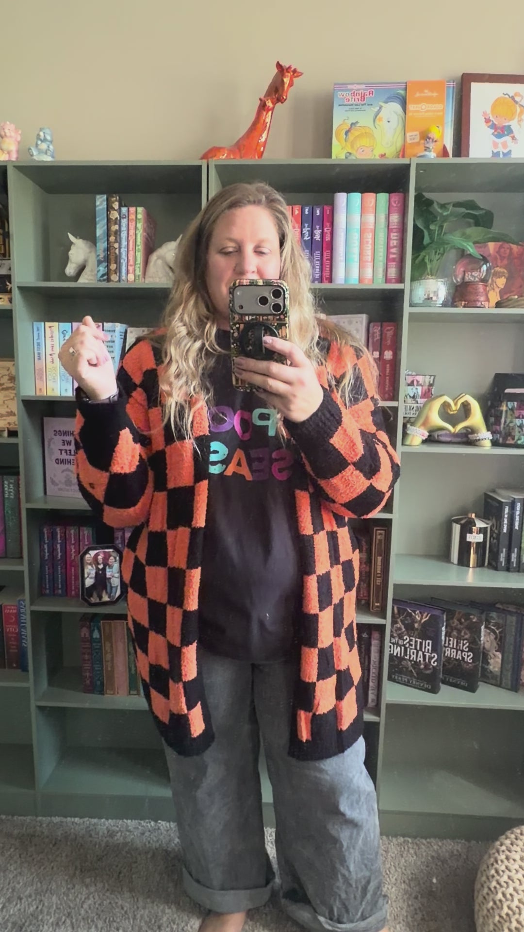 Load video: Orange and Black Checkered Cloud Cardigan