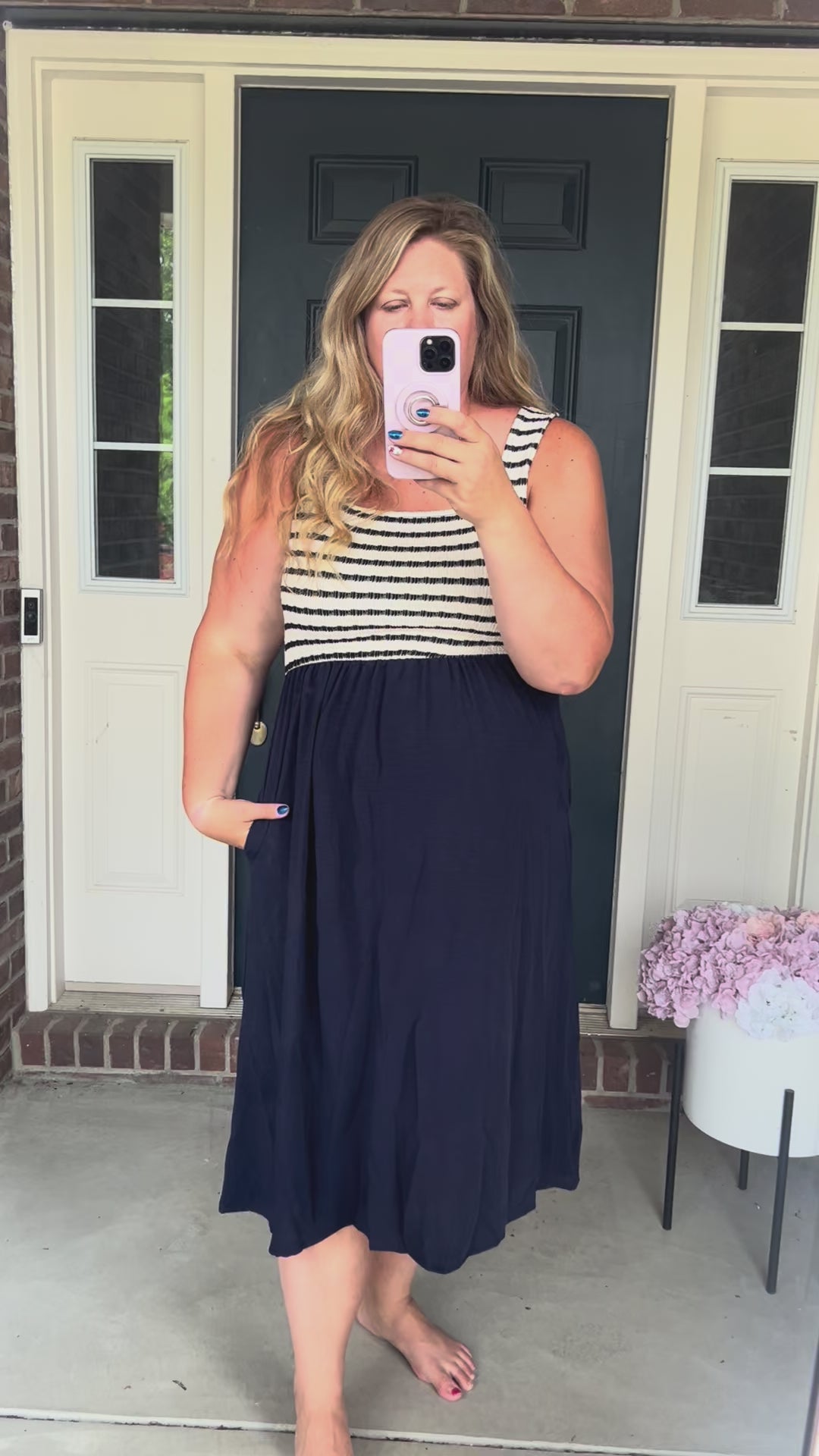Navy Sleeveless Dress with Stripes