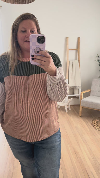 Keeley Corded Color Block Top - Olive and Peanut Butter