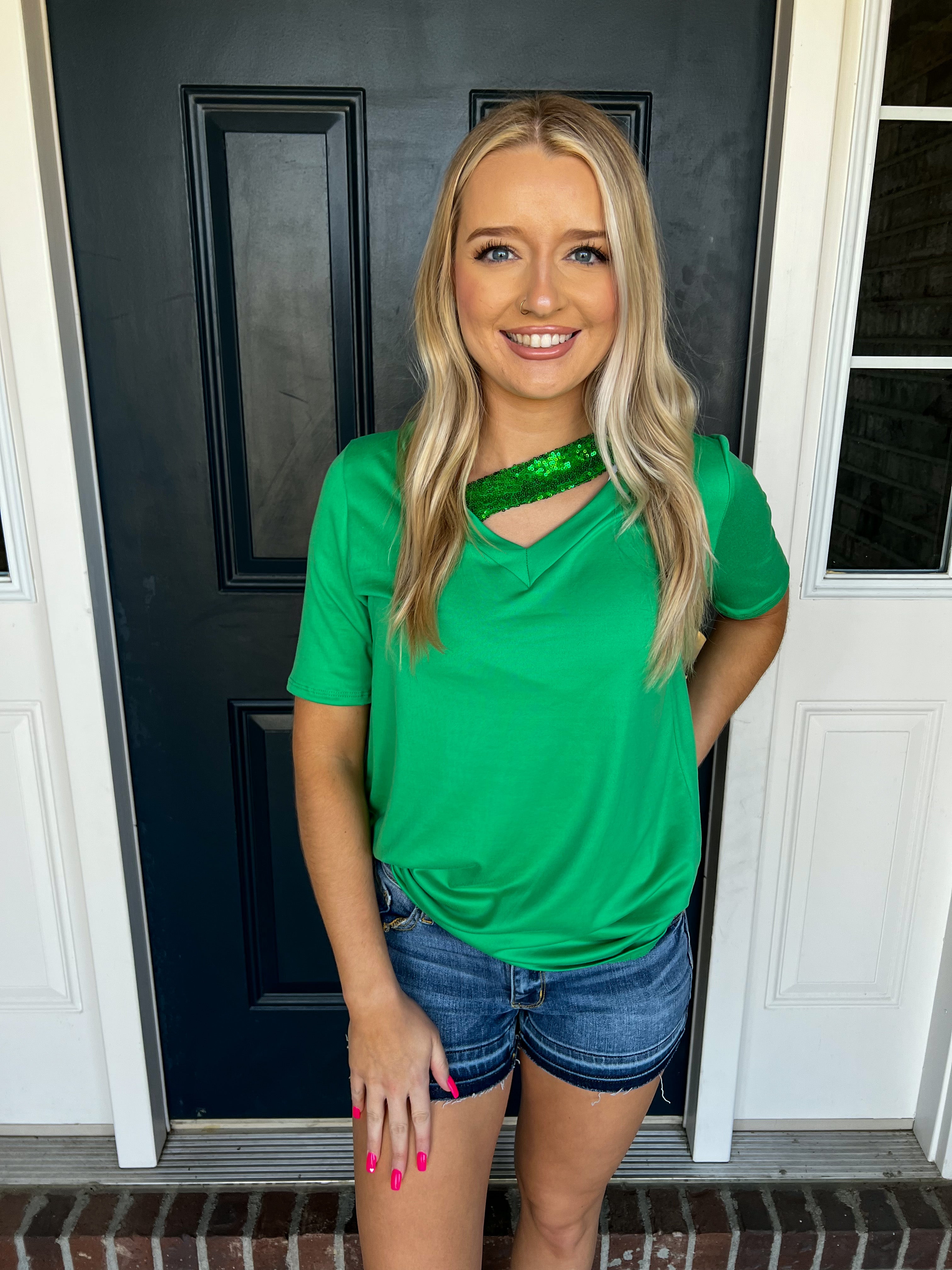 Green with Sequin Accent Short Sleeve Top